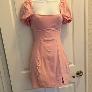 Hello Molly Blush Pink Puff Sleeve Square Neck Mini Dress